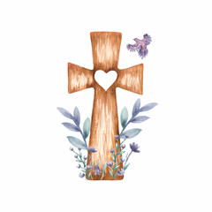 Watercolor illustration of a wooden cross with flowers and a bird. Suitable for graphic design, web design and other creative work.