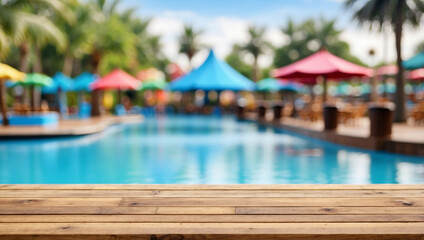 Obraz premium The empty wooden table top with blur background of water park. For product display
