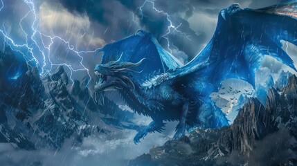 Fototapeta premium A blue dragon soars through a stormy sky, lightning striking in the distance.