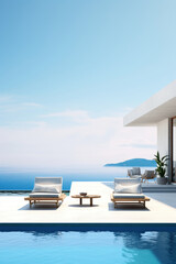 Obraz premium A minimalistic modern building with a swimming pool in front, surrounded by outdoor furniture and shaded by clouds in the azure sky. A perfect property for real estate
