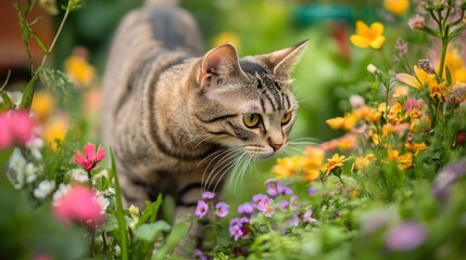 Fototapeta premium A curious cat exploring a vibrant garden filled with colorful flowers.