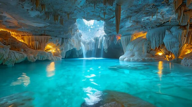 Wide angle static shot: A mesmerizing waterfall cascades into a turquoise pool within a cavern adorned with stalactites and stalagmites.