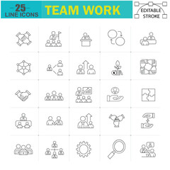 Teamwork and Collaboration Line Icons Set - 25 Editable Stroke Icons for Project Management, Team Building, and Corporate Synergy.
