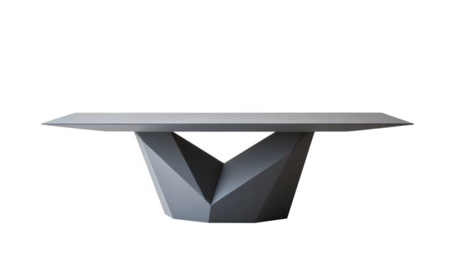 Modern geometric dining table with a single triangular base. The bold angular design adds a contemporary touch, ideal for modern living spaces. Isolated on transparent background, png.