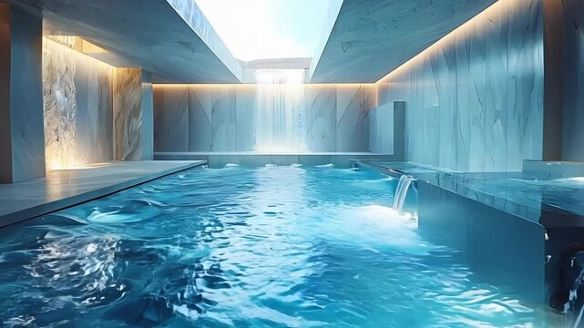 Modern house with a pool and waterfall, establishing shot.