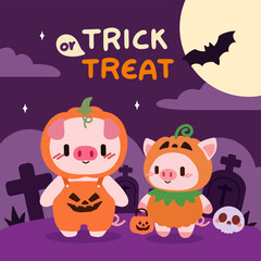 Adorable Piglets in Pumpkin Costumes for Halloween. Cute Halloween Pigs Dressed as Pumpkins in Graveyard. Trick or Treat Piglets in Pumpkin Costumes Under Full Moon.