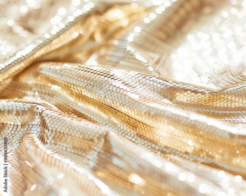 Poster luxurious close-up of gold sequin fabric with shimmering texture in natural light