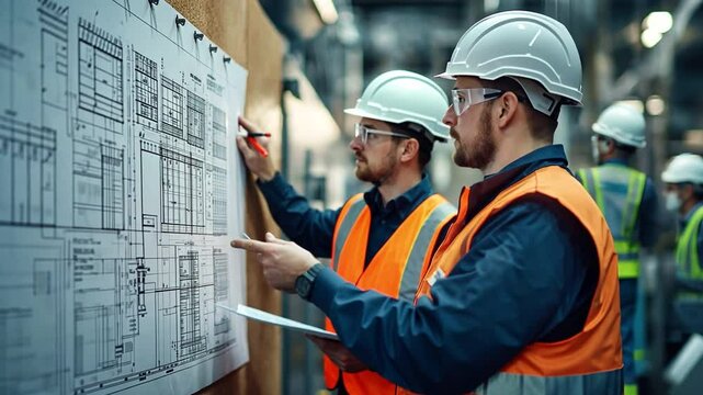 In an industrial setting, two factory workers are looking over intricate blueprints that are tacked to a corkboard and talking about key features of the technical drawings.