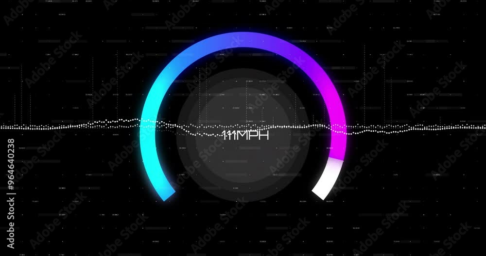 Aufkleber animation of speedometer numbers and data processing over black background