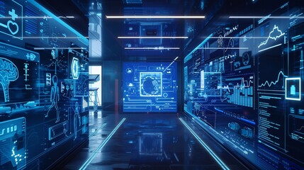 Obraz premium A futuristic hallway filled with digital screens and blue lights, depicting a high-tech environment.