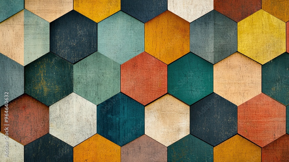 Poster symmetrical hexagon pattern in muted colors for modern design aesthetic