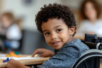 Fototapeta premium Black child in wheelchair playing with friends in classroom, natural light and close-up focus