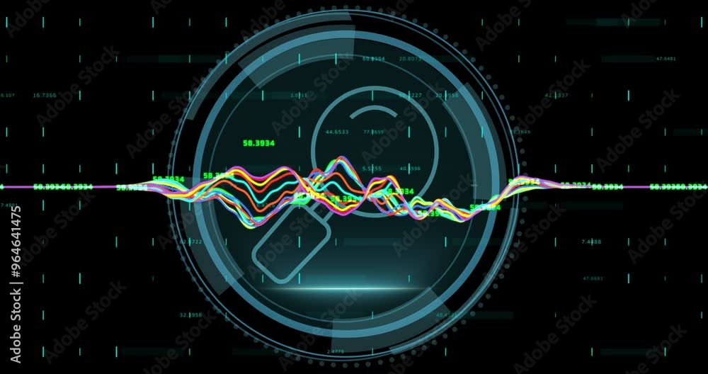 Aufkleber animation of magnifying glass icon and data processing over black background