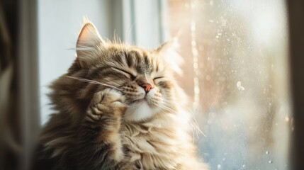 A fluffy cat enjoying sunlight by a window, radiating calm and contentment.