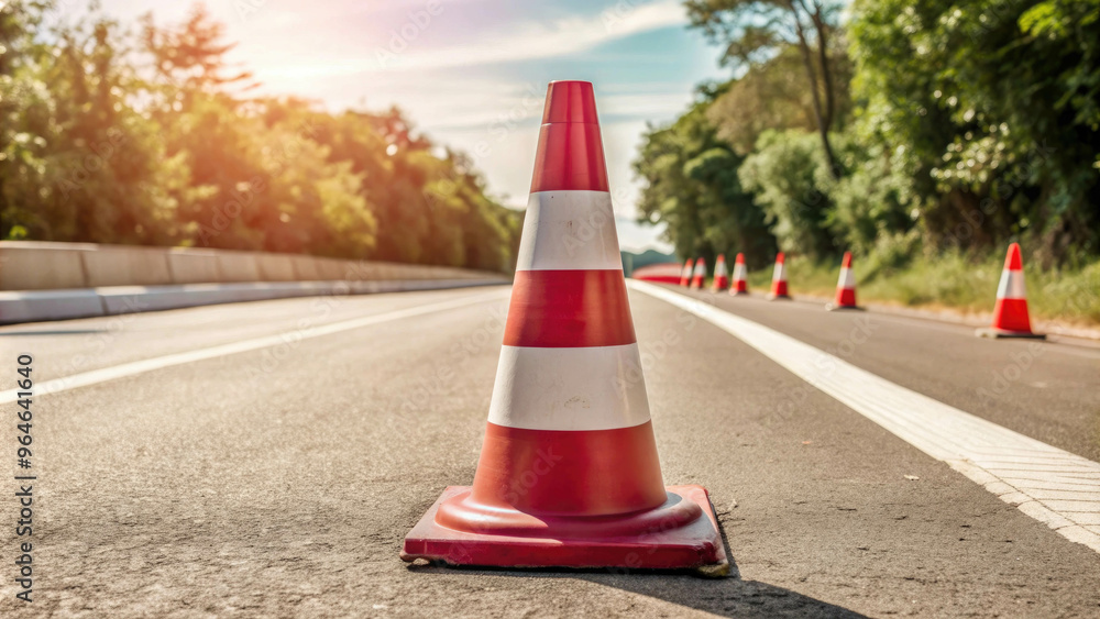 Wall mural Traffic cone on a city street with buildings in the background for warning signs alert traffic