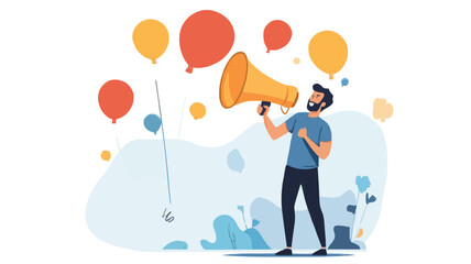 Communication or PR, Public Relations manager to communicate company information and media, announce sales or promotion concept, businessman holding speech bubble balloons while talking on megaphone.