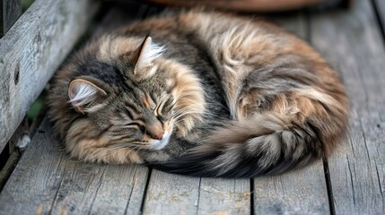A fluffy cat curled up peacefully on a wooden surface, enjoying a moment of rest.