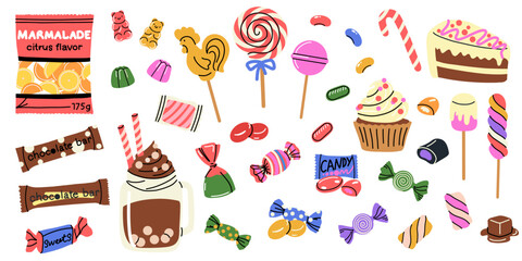 Sweets and candy. Chocolate bars, caramel, toffee and different lollipop on sticks, marmalade bears. Confectionery shop elements. Christmas and birthday kids present cartoon flat isolated illustration