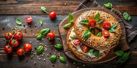 Fresh bagels topped with cream cheese, cherry tomatoes, and basil leaves on a rustic wooden board, perfect for breakfast ideas, bakery promotions, or healthy gourmet food photography
