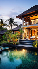 Fototapeta premium A spacious house with a pool in front, framed by palm trees under a sunset cloudy sky in a residential area. Luxury resort villa at dawn