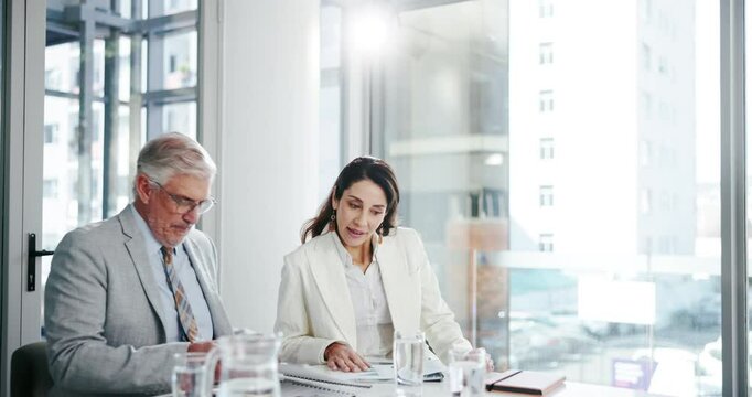 Business people, handshake and office for negotiation, deal or legal settlement in law firm or dispute. Woman, mature man and support as employee in crisis resolution, court case or mediation process