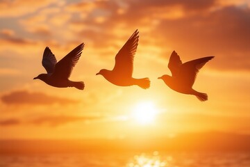 Fototapeta premium Silhouettes of Birds Flying Gracefully at Sunset Against Vibrant Sky