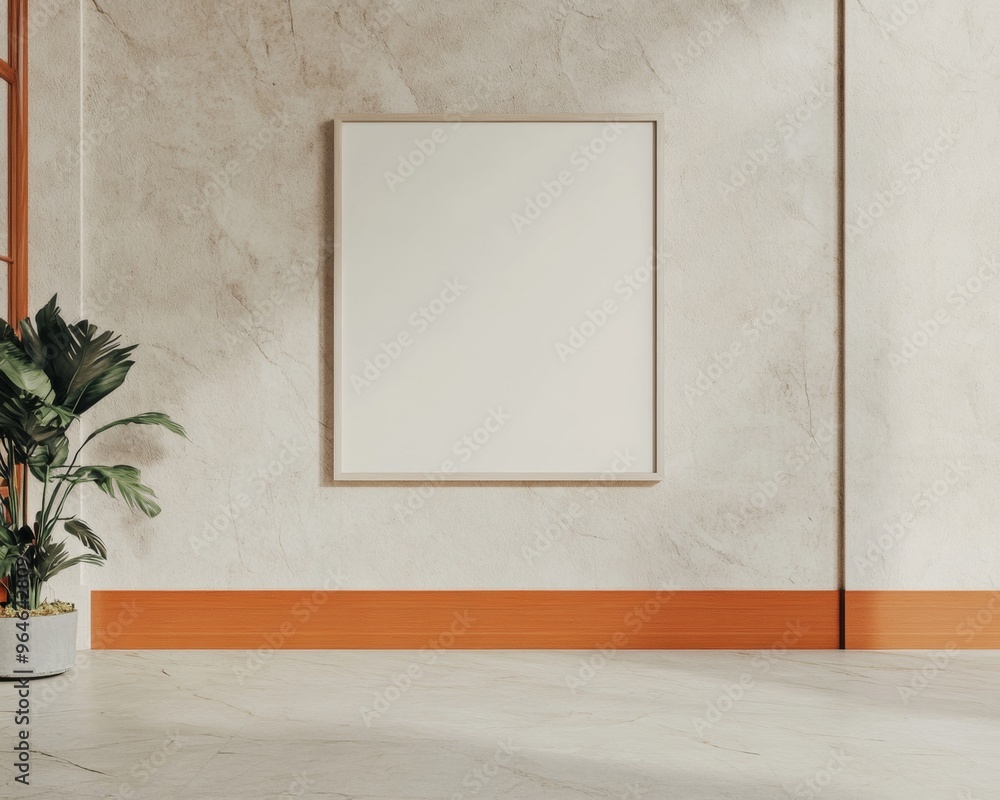 Poster vintage minimalist interior with empty frame mockup on cream marble wall, featuring motion blur of p