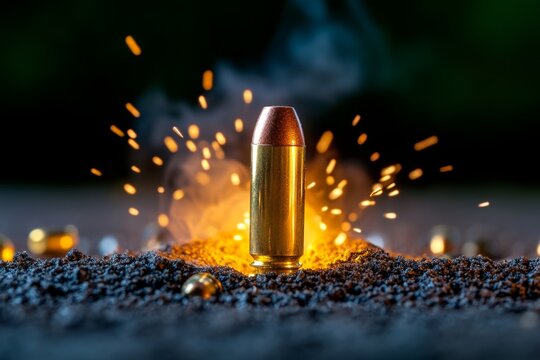 Bullet casing smoking as it falls to the ground, the aftermath of a powerful shot fired in a target practice session