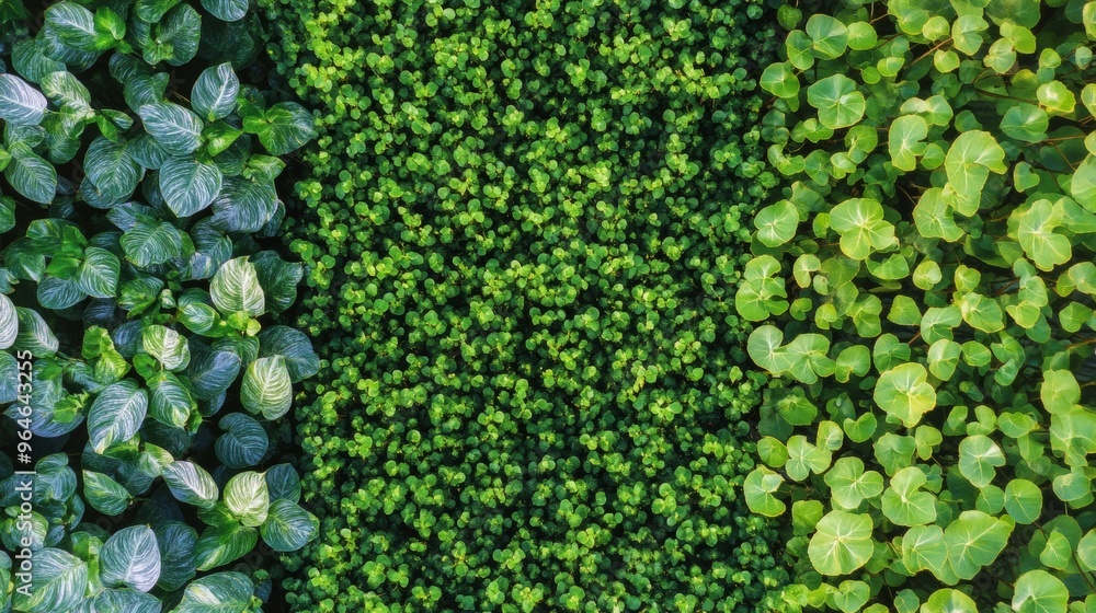 Poster aerial symmetry of green leaf plates in a geometric pattern with textured background