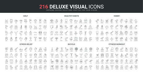 Hobby and sport games, golf player tools and course, stress relief for mental health line icon set. Healthy habits and activity, gym workout, shopping thin black outline symbols vector illustration