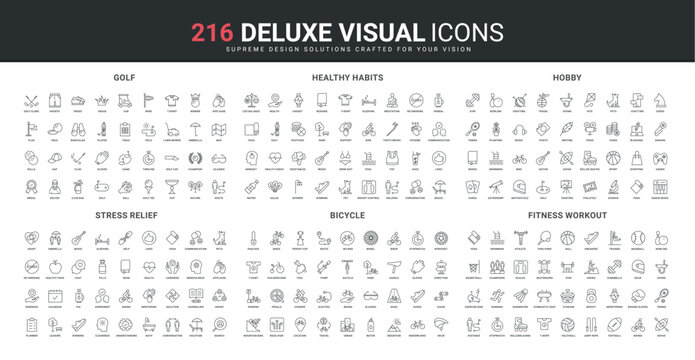 Hobby and sport games, golf player tools and course, stress relief for mental health line icon set. Healthy habits and activity, gym workout, shopping thin black outline symbols vector illustration