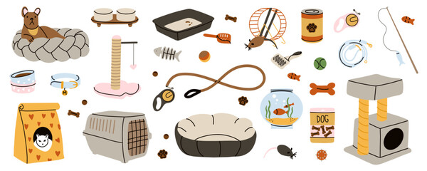 Pet animals accessories. Dog and cat house. Cage and bed. Food bows. Veterinary goods, toys. Veterinarian shop equipment. Canine and feline stuff. Fish aquarium. Grooming vector cartoon flat set