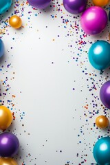 Festive background with gold balloons and scattered golden confetti. Premium background for a festive birthday celebration.. Design of a postcard, banner, website