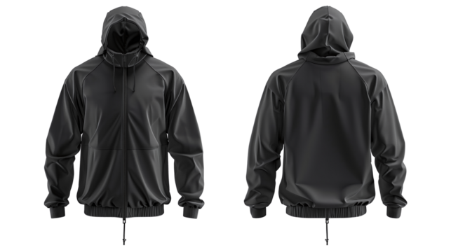 Black windbreaker mock up, front and rear view. PNG