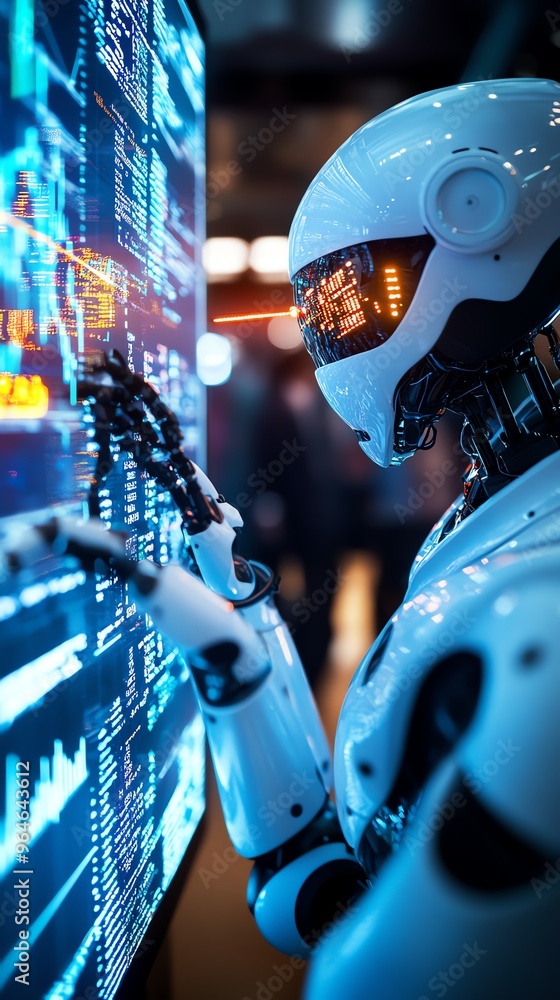 Poster a futuristic robot interacts with a digital interface, showcasing advanced technology and innovation