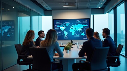 Business professionals in glasswalled conference room with digital presentations Highresolution image capturing modern work environment and technology