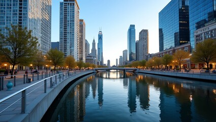 Fototapeta premium Urban riverwalk with skyscrapers mirrored in water modern cityscape high resolution professional photo