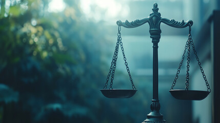  Waga sprawiedliwości, umieszczona na tle imponującego budynku sądu, podkreśla znaczenie ochrony prawnej w sferze finansów i biznesu.