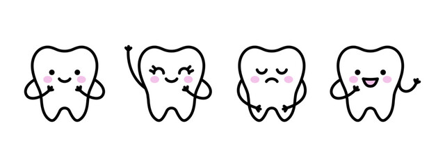 Cute tooth characters icon set. Happy teeth vector illustration collection. Smiling baby teeth symbol. Little cartoon tooth doodles. Oral health care dentistry concept.