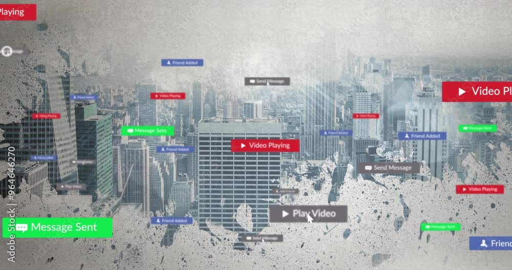Poster animation of digital data processing and icons over cityscape