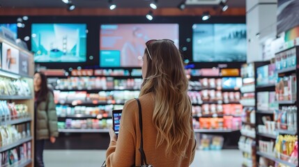 Woman shopping in retail store with digital signage in the background