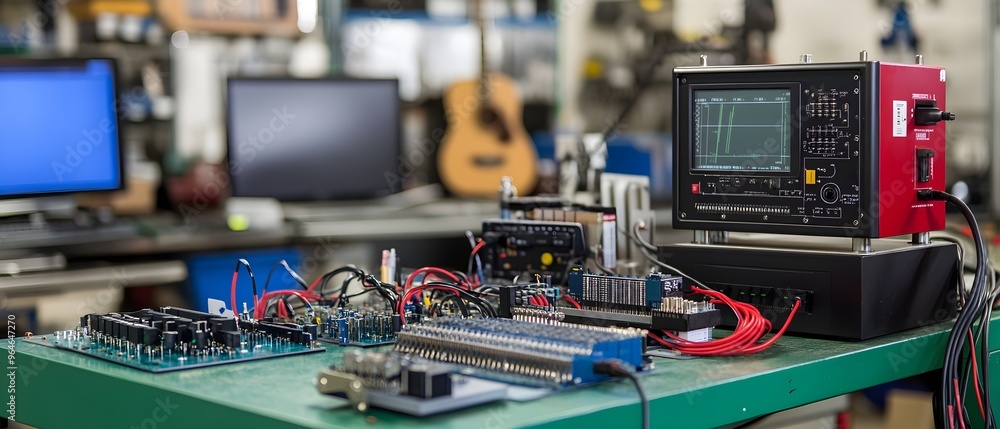 Aufkleber electrical circuit test set in high-tech lab, sharp focus on electronic components