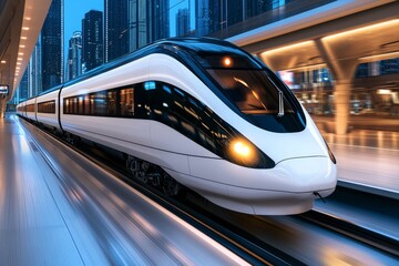 Electric engine driving a high-speed train, smoothly gliding through a futuristic metropolitan area