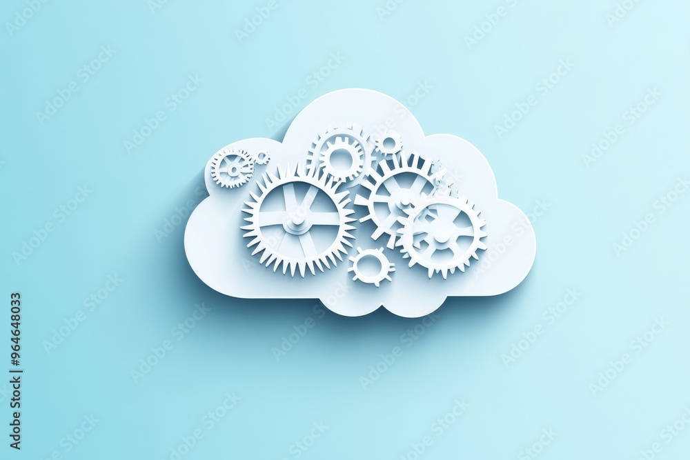 Poster cloud computing concept with gears, representing technology and innovation on a light blue backgroun