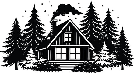 Beautiful attractive and cozy forest house silhouette illustration black and white