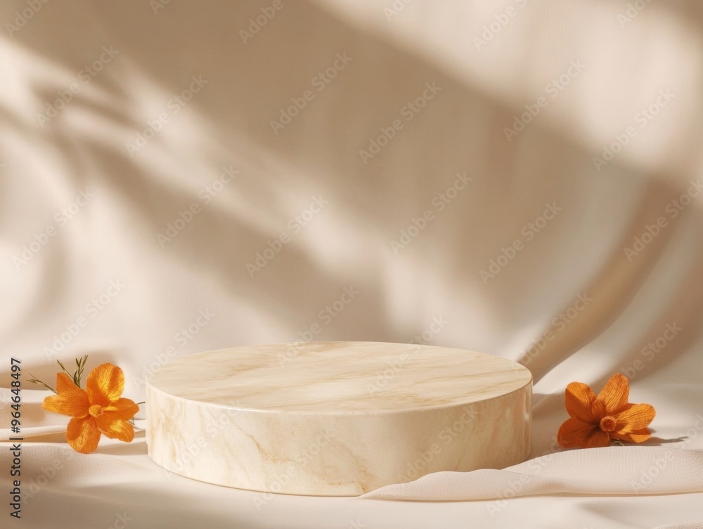 Poster minimalist marble podium mockup with orange flowers and cream background in warm diffused light