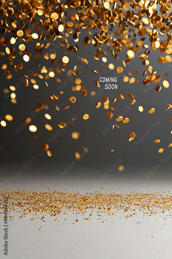 Poster golden particles float gracefully in air, creating an ethereal atmosphere. shimmering effect adds to