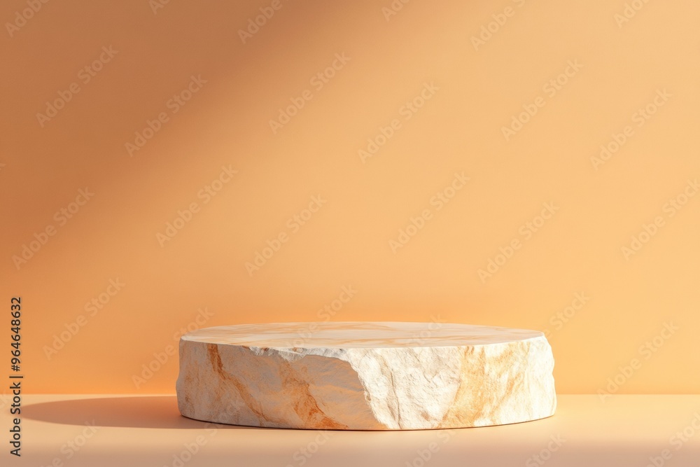 Poster minimalist marble podium on soft orange background with golden glow - elegant product display scene