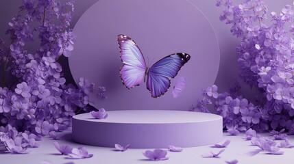 A delicate purple butterfly hovers above a lavender podium surrounded by lush lilac flowers,...