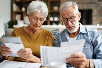 Elderly couple spouses reviewing their family budget, doing paperwork, paying domestic bills, calculating funds, taxes, choose electric at home